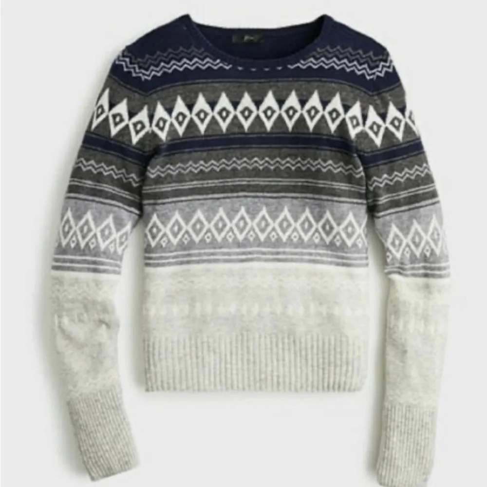 J.Crew Fair Isle Sweater Womens Sz M Blue Gray Wool Blend Geometric Nordic Cabin